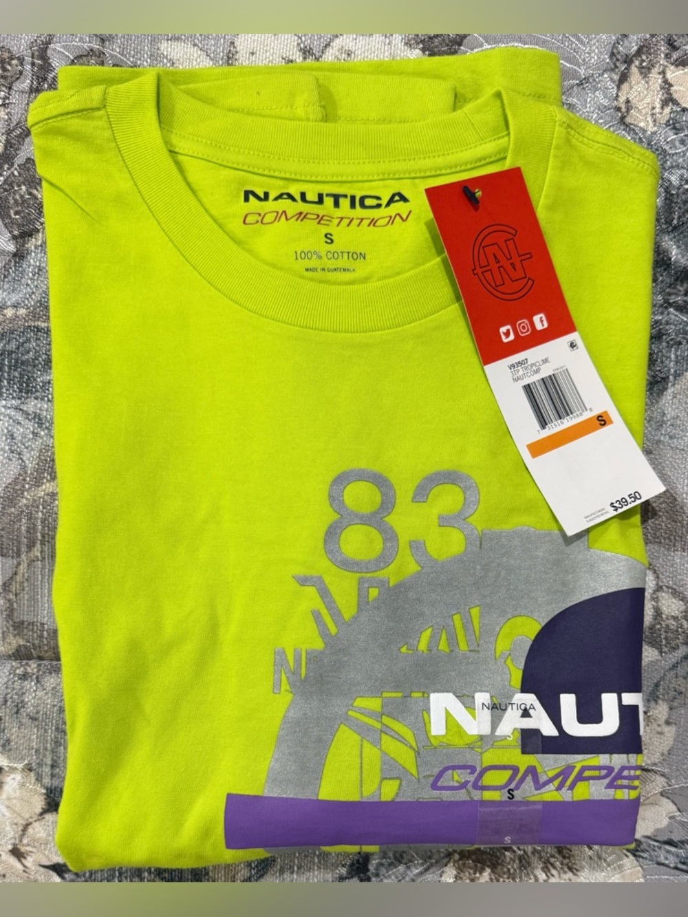 Nautica Neon Lime Short Sleeve Graphic Tee with Purple & Gray Accents